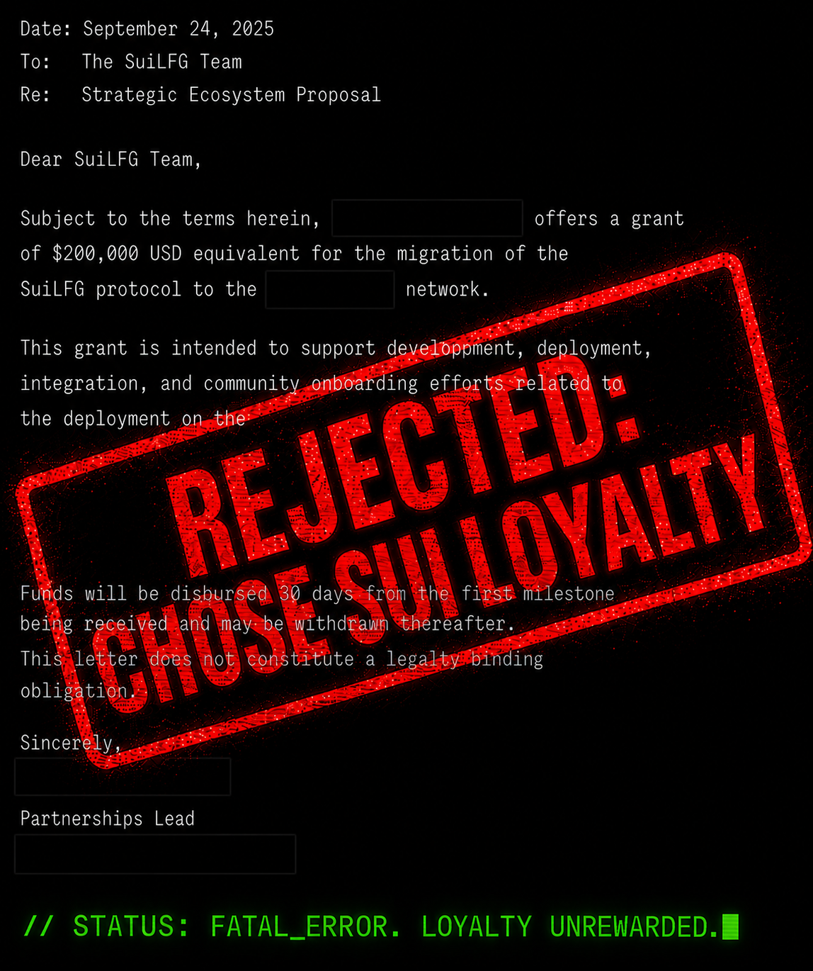 Rejected grant offer letter stamped REJECTED: CHOSE SUI LOYALTY